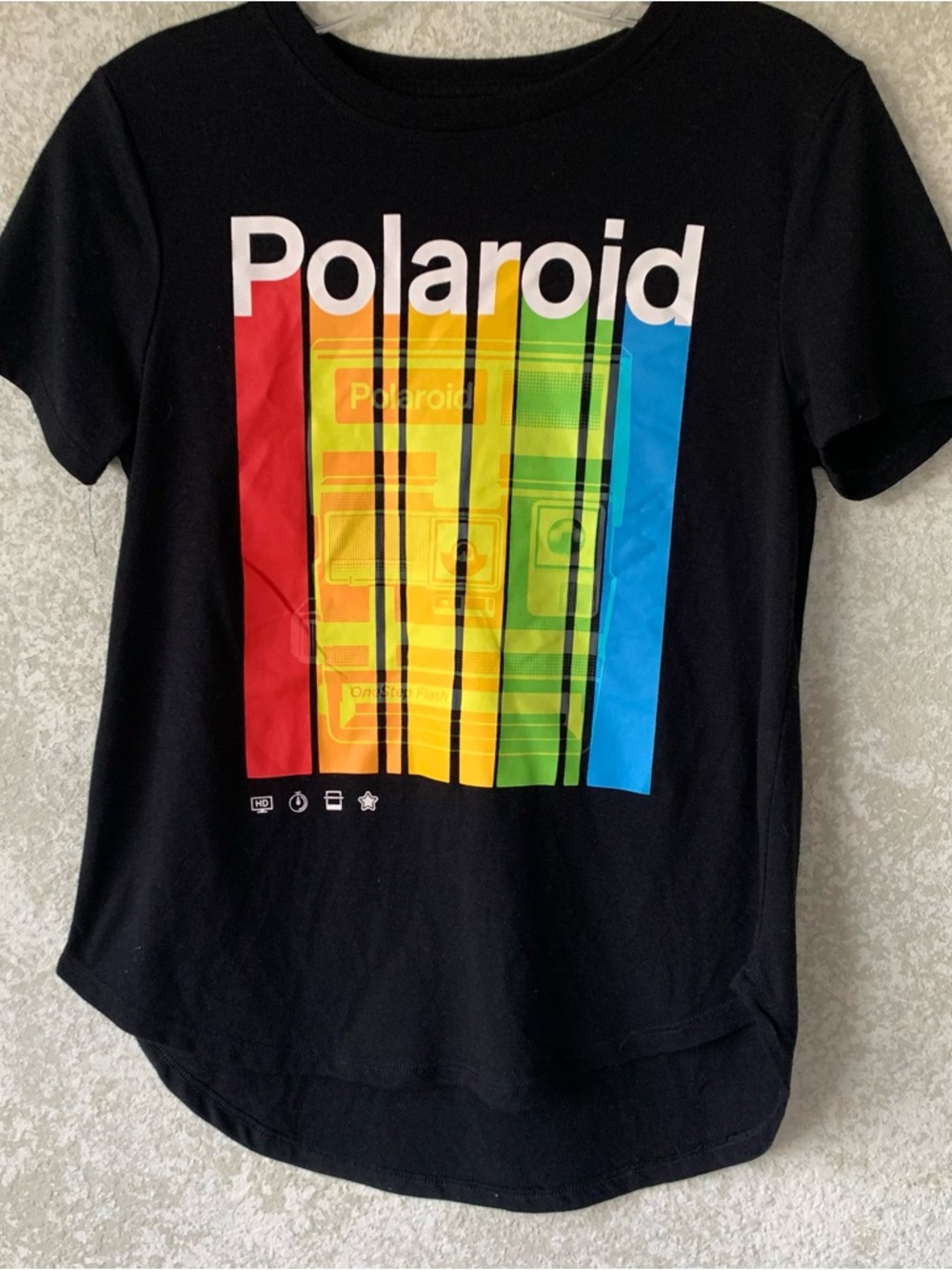 Polaroid Black Tee with White Text Print Medium Soft‎ Retro Rainbow